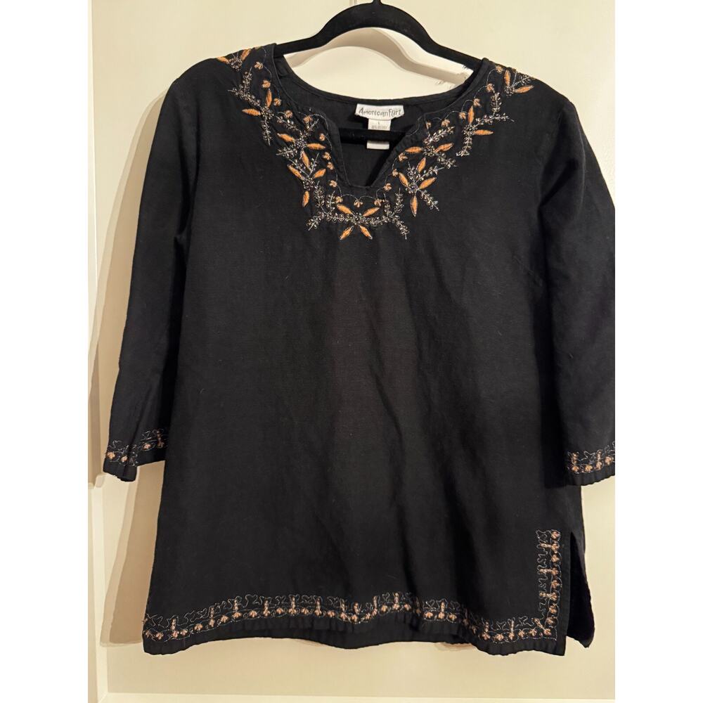 Vintage American Flirt 3/4 Sleeve Black Tunic Shirt V-Neck Womens Top Sz L Y2K